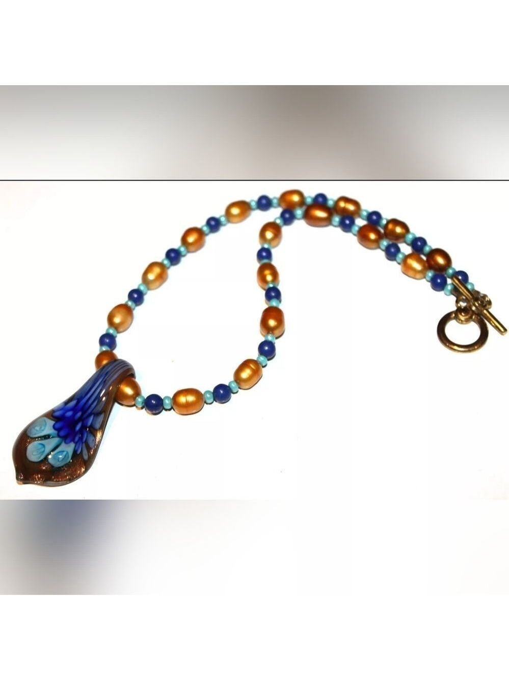 Semi Precious Gemstone & Pearl Beaded Necklace 17" Pendant 2"